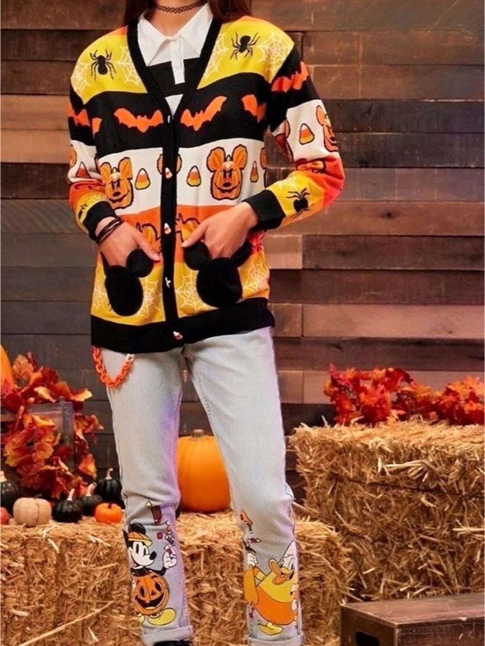Her Universe Disney Mickey Mouse Halloween Candy Corn Stripe Open Cardigan
